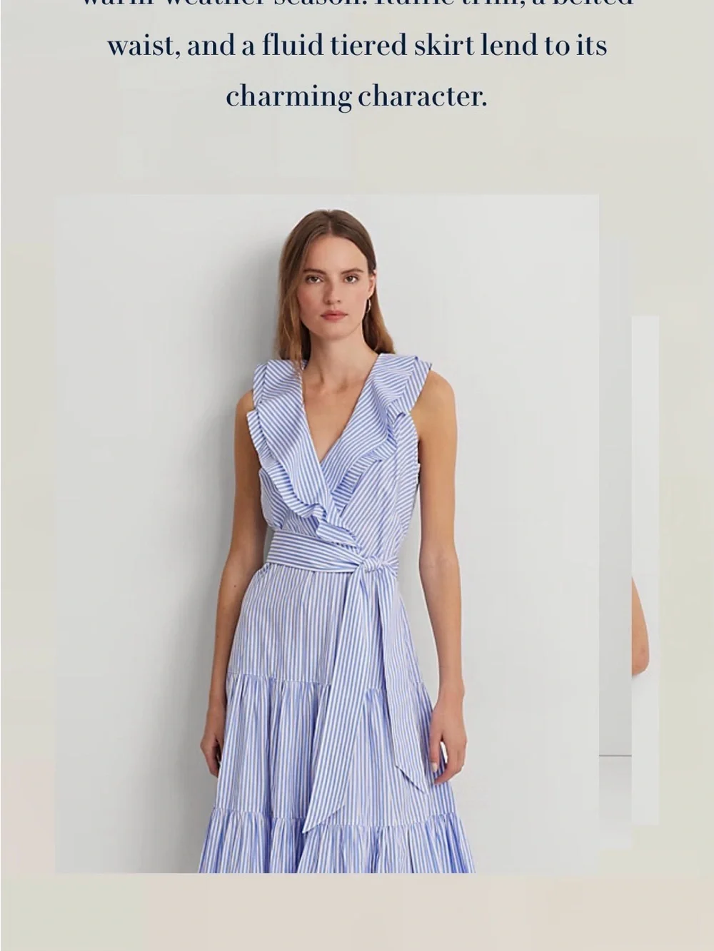 Ralph Lauren Blue and White Striped Ruffle Tie-Waist Midi Dress